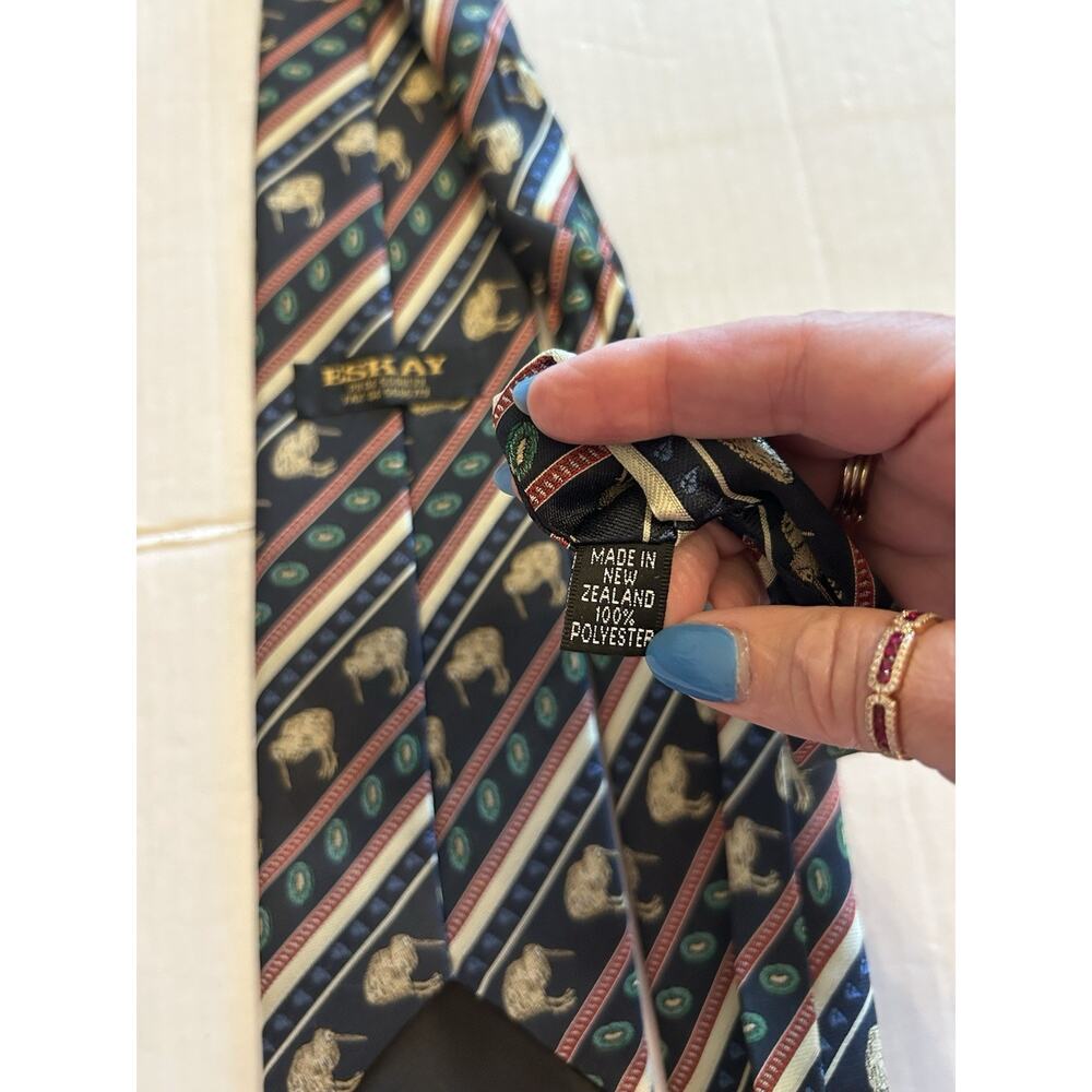 Vtg New Zealand Eskay Men’s Tie Kiwi Bird And Nest Print 3.75” Navy Polyester - Picture 8 of 9